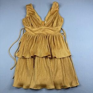 Lena Gold Pleated Tiered Mini Dress V Neck Ruffle Party Dress Small